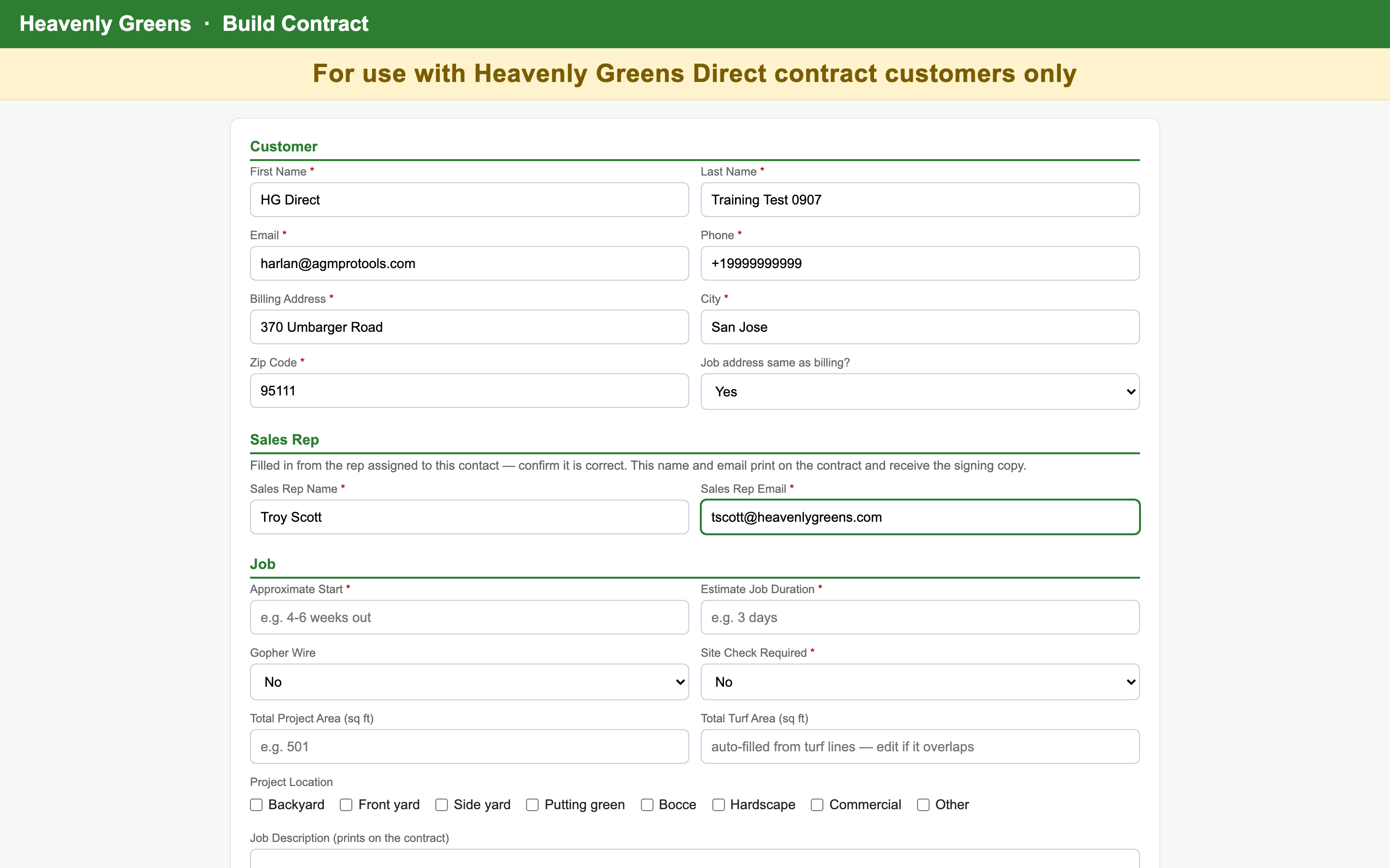The form with customer and sales rep filled in
