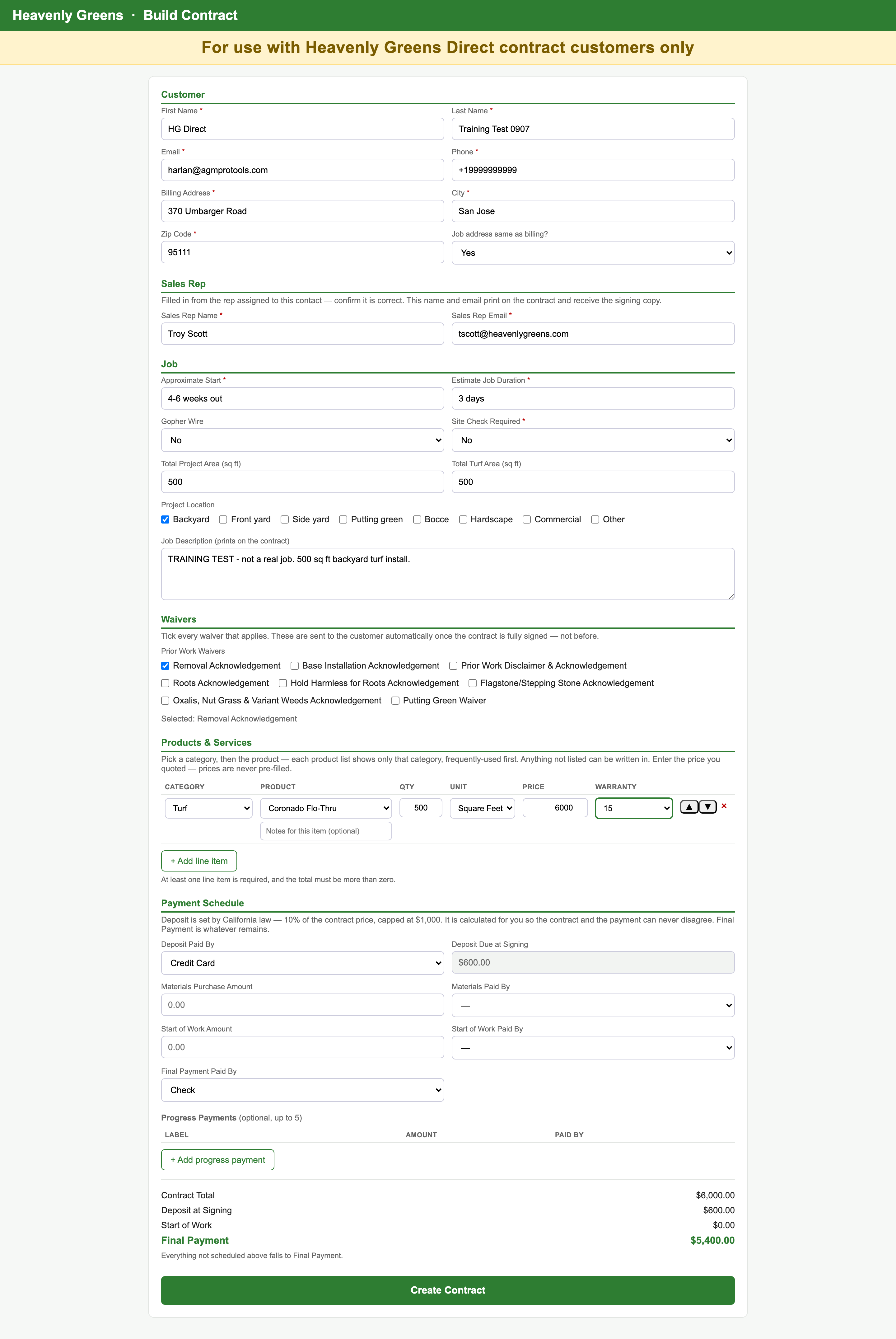 The form filled in, before Create Contract