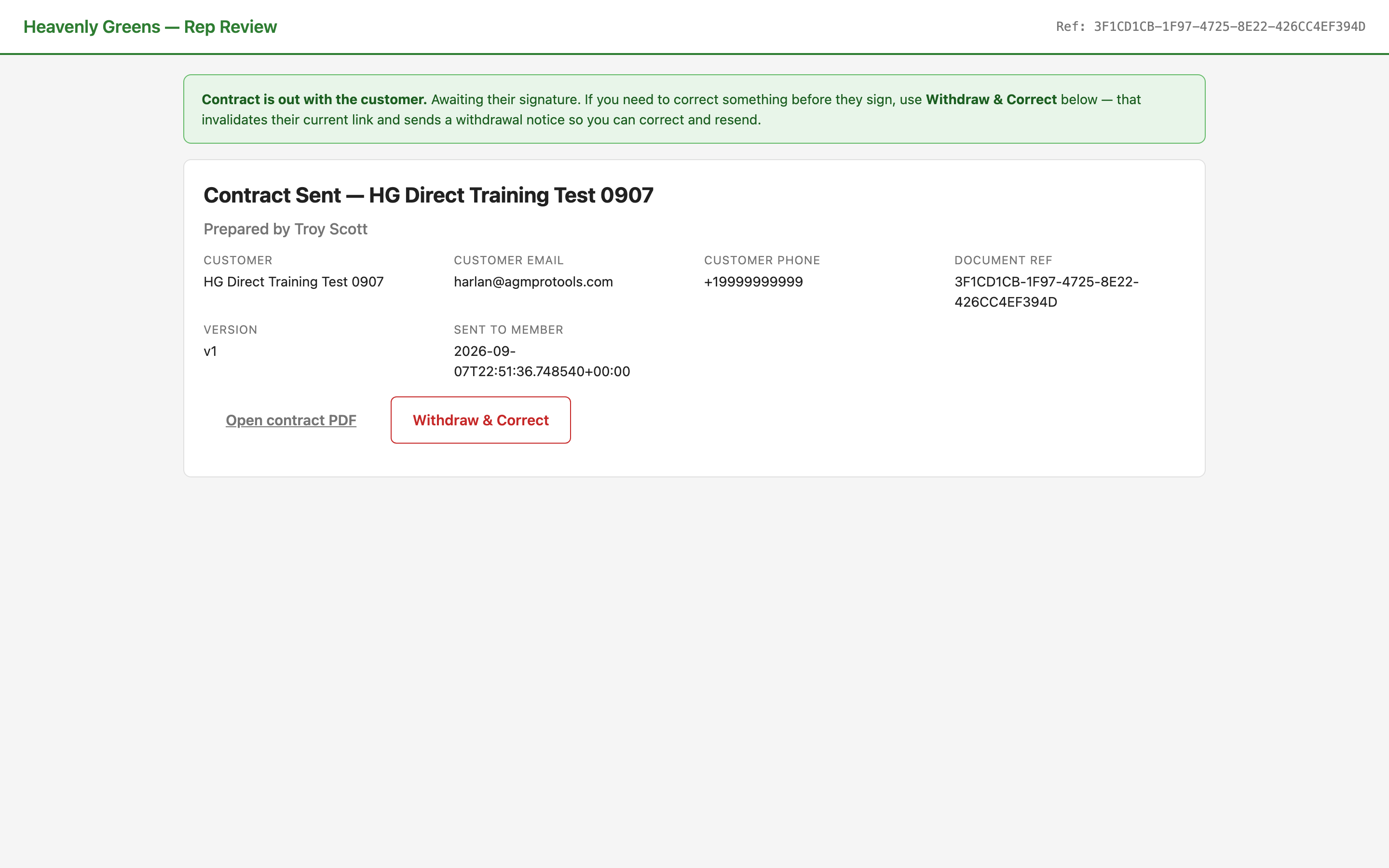 Contract Sent — awaiting the customer's signature