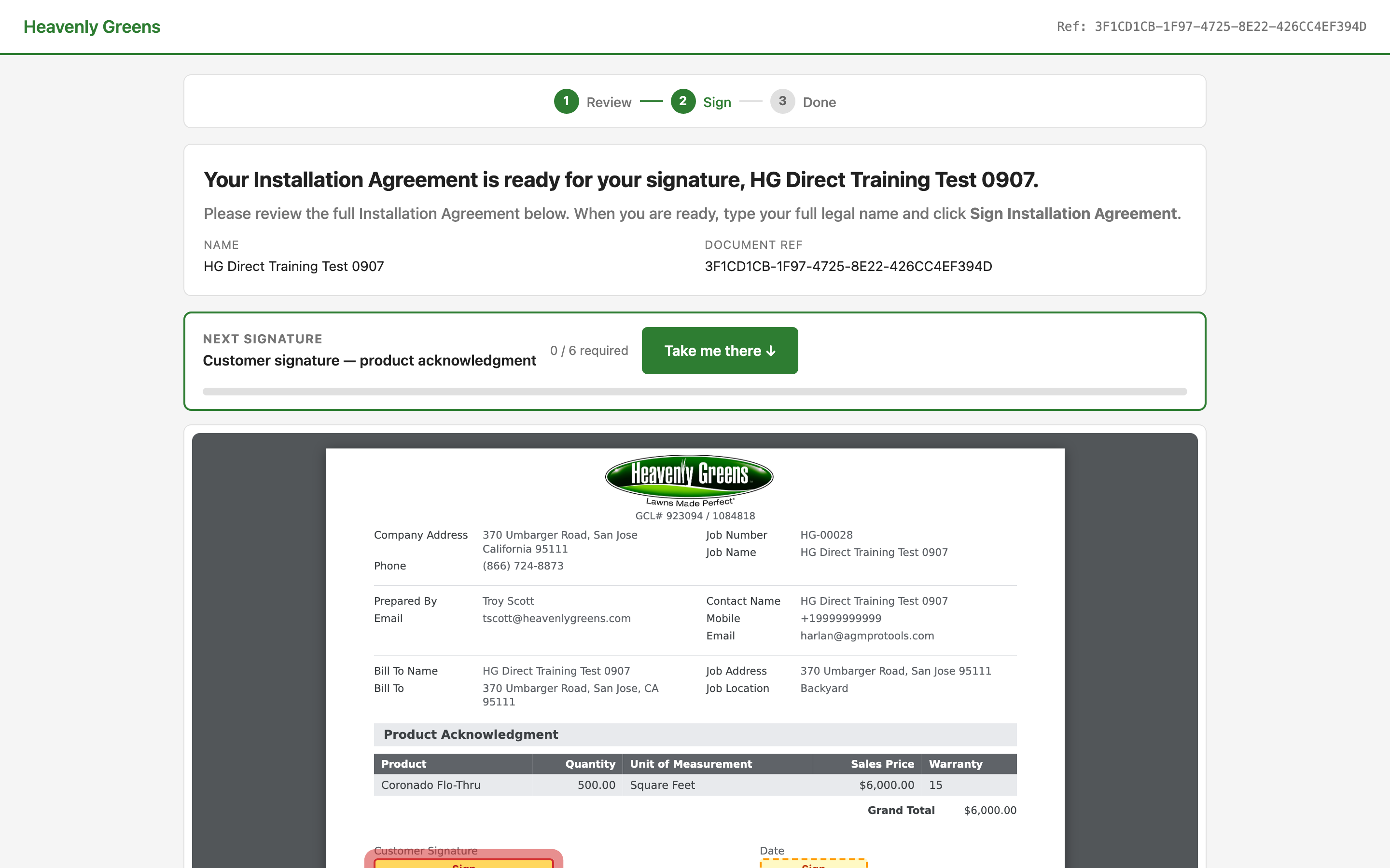 The customer's Sign page
