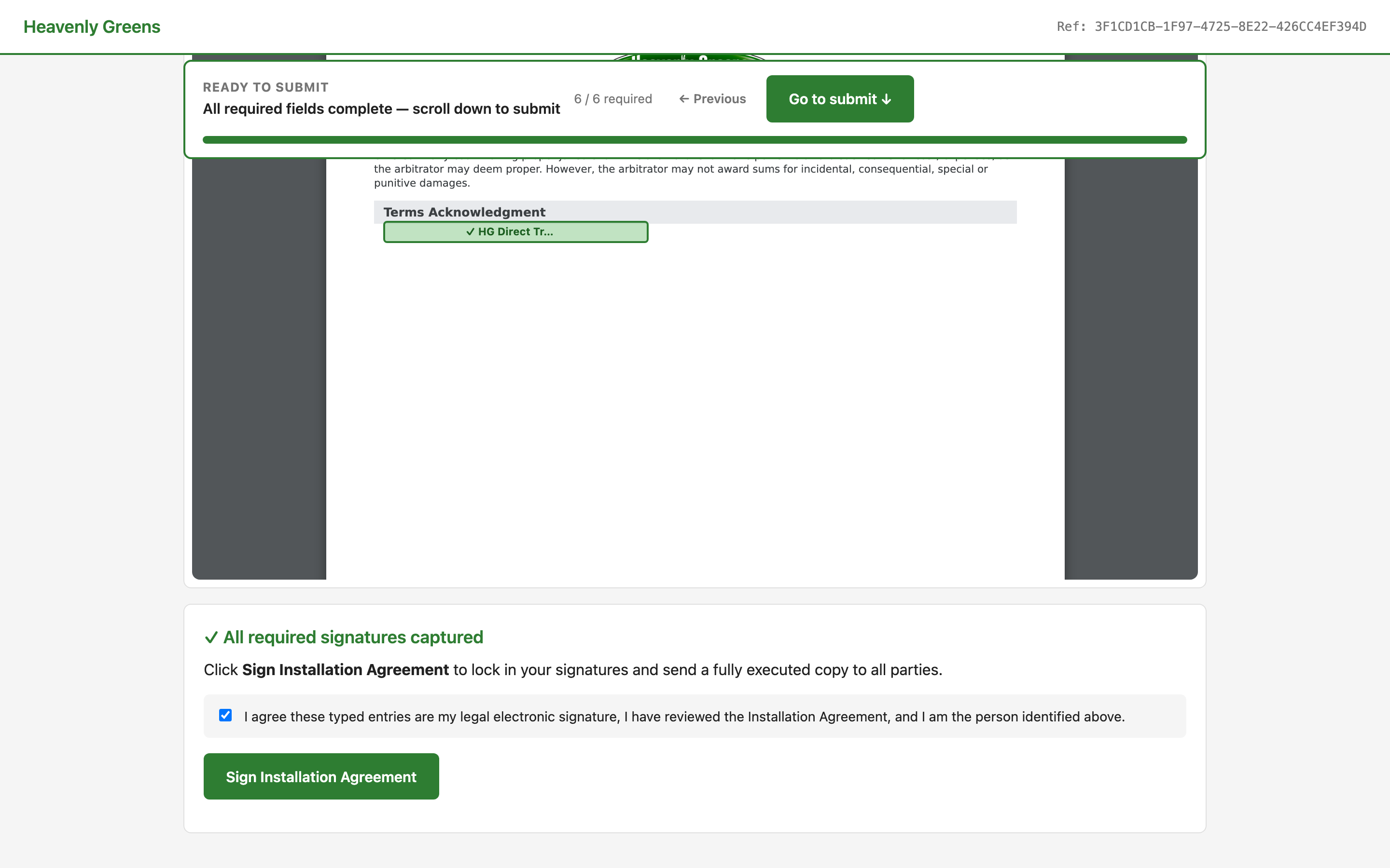 Agreement box ticked, Sign button enabled