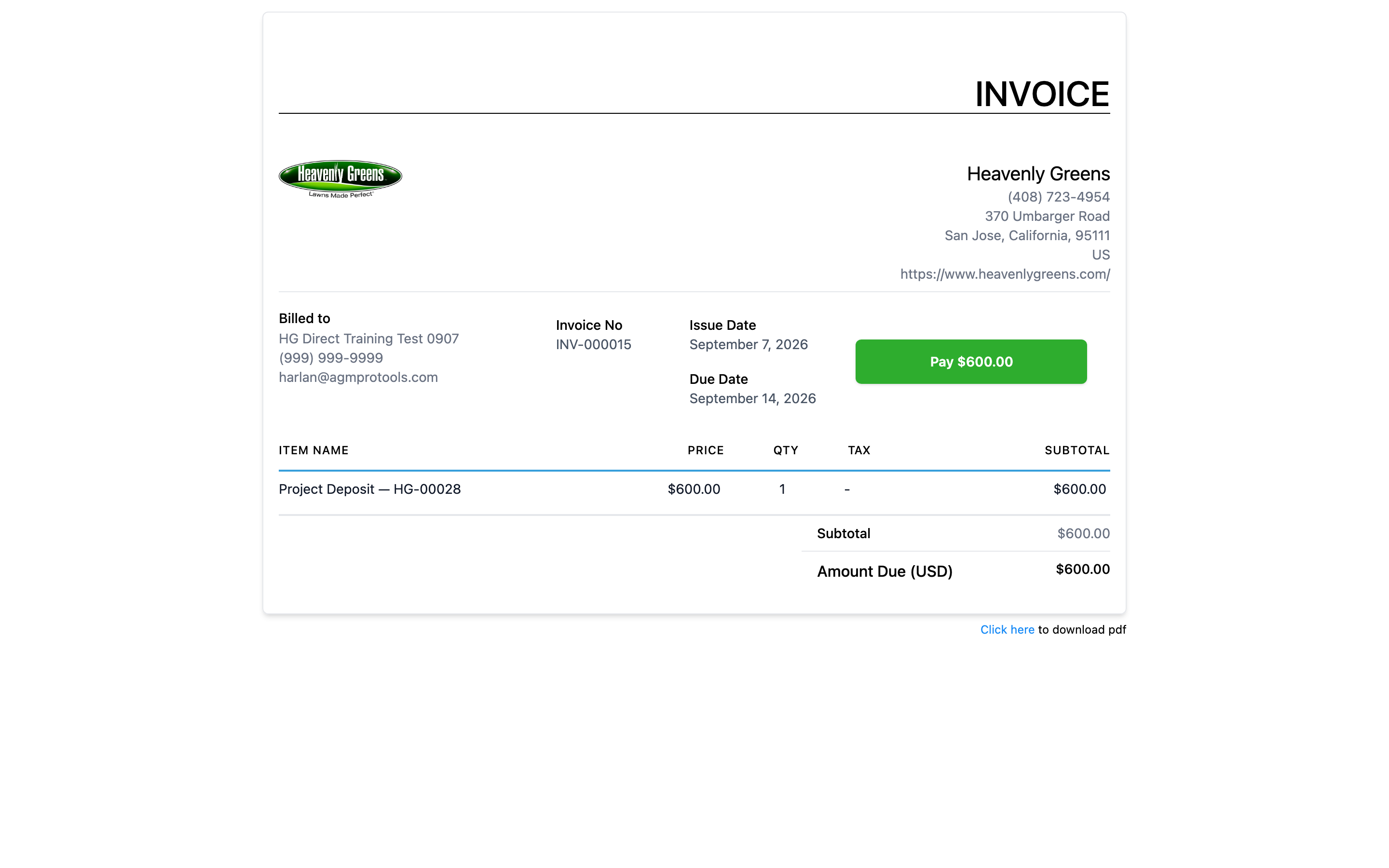 The deposit invoice page