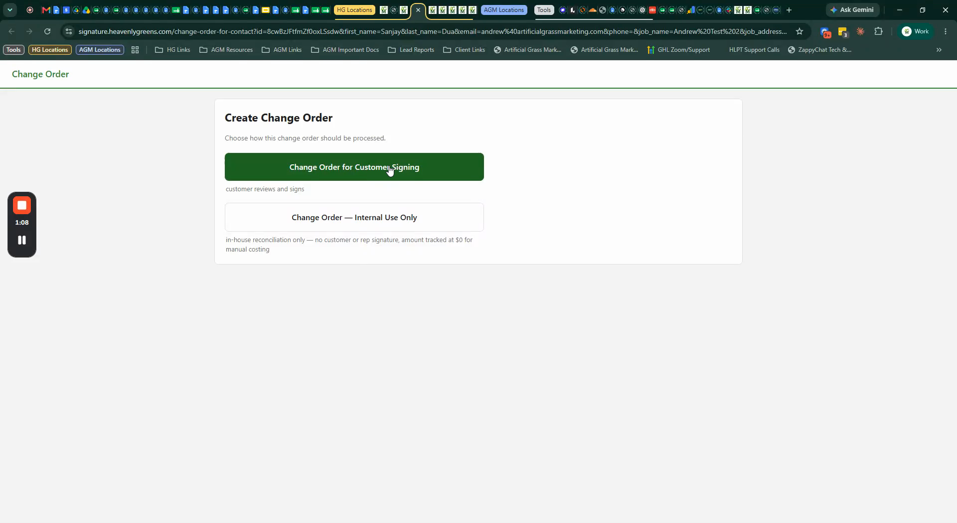 Create Change Order chooser: Change Order for Customer Signing vs Change Order — Internal Use Only