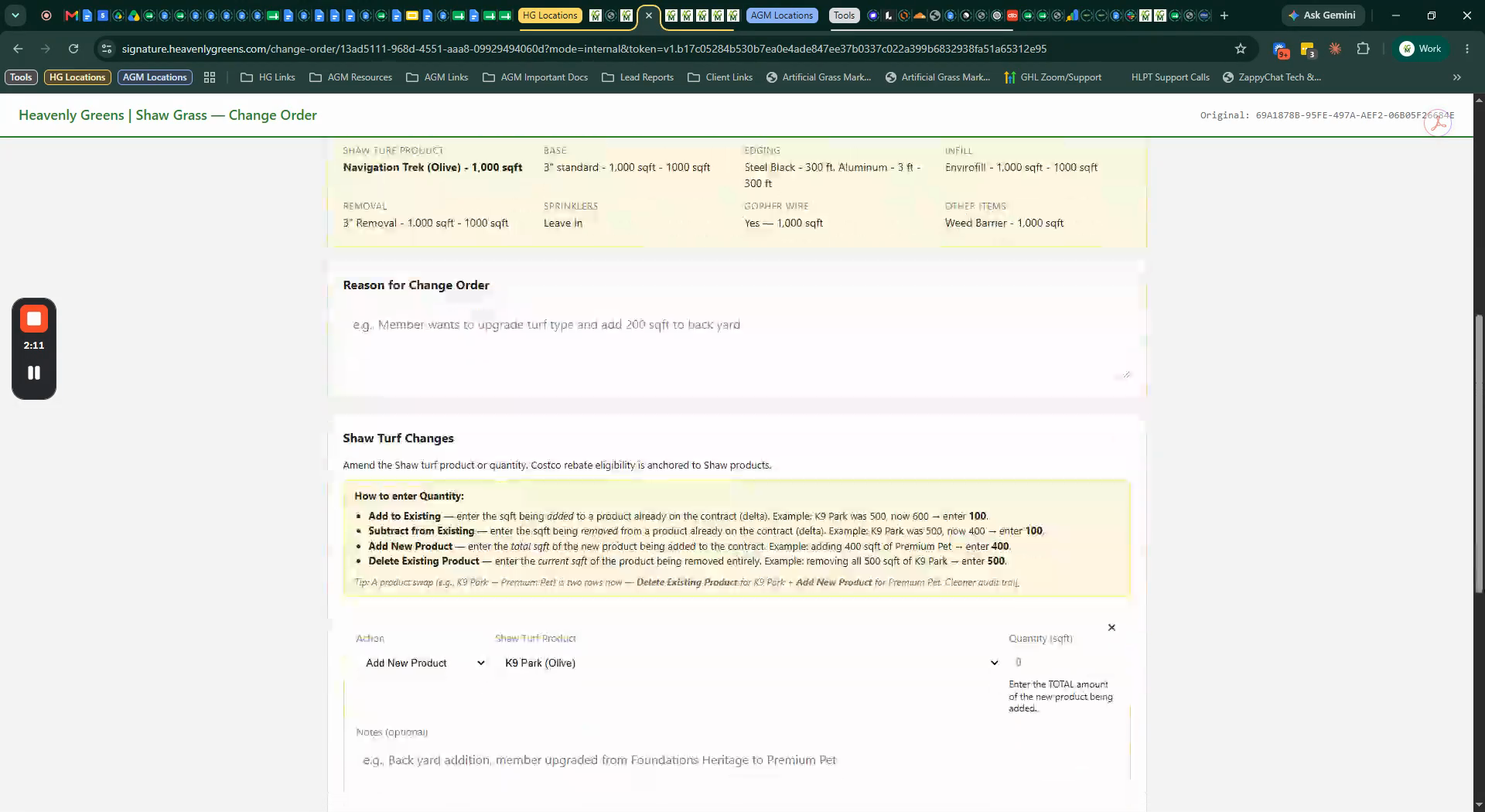 Internal Use Only change order form — $0 adjustment, no signature required