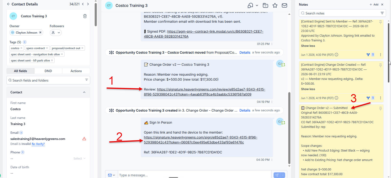AGM contact view after change order submit — draft link, Sign In Person link, and CO tracking