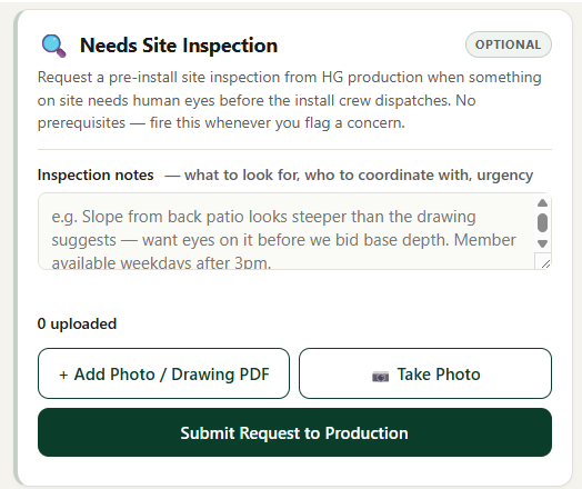Optional Need Site Inspection section in the Project Documents Uploader