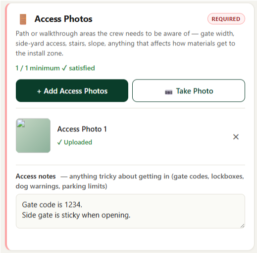 Required Access Photos upload section