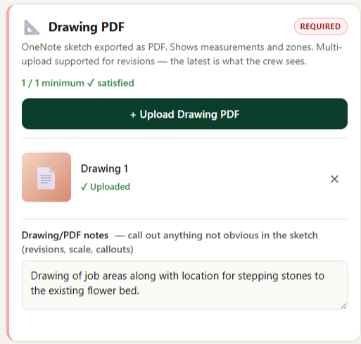 Required Drawing PDF upload section
