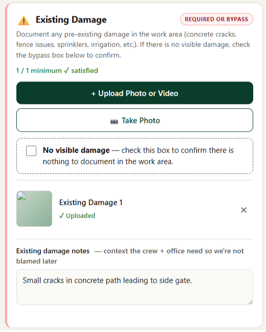 Required Existing Damage upload section with No Visible Damage toggle