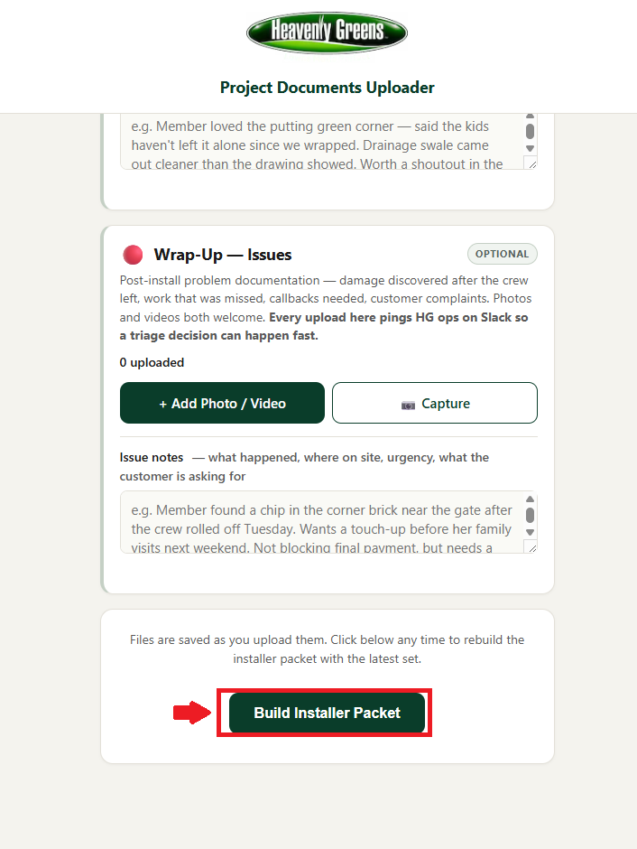 Wrap Up Issues section and Build Installer Packet submit button