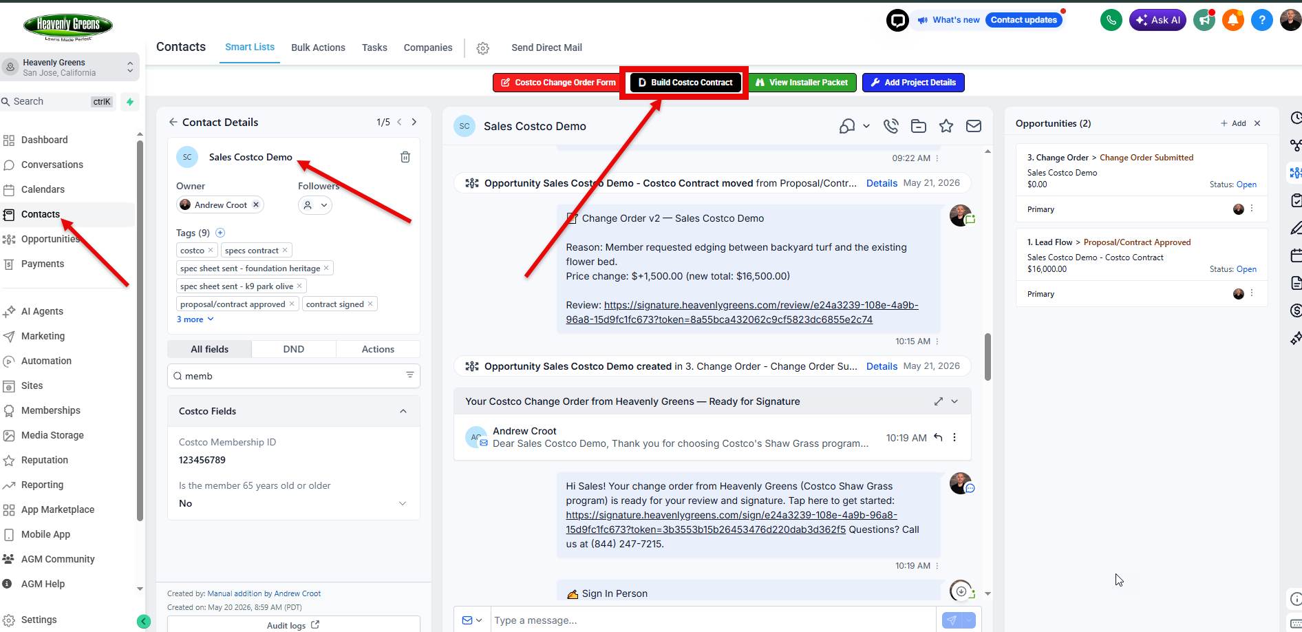 The black Build Costco Contract button at the top of the contact profile