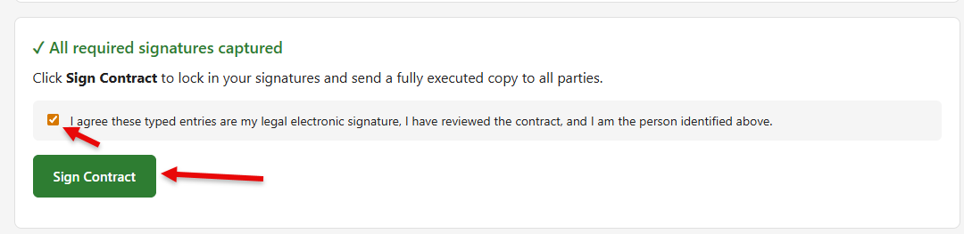 I agree checkbox and Sign Contract button at the bottom of the contract