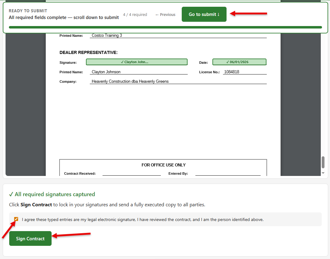 Rep submit screen with I agree checkbox and Sign Contract button