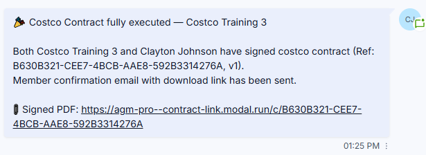 Fully signed confirmation and contract link in the AGM conversation