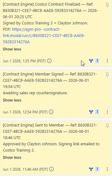 Notes section of the AGM contact record showing the signed contract link and earlier stage notes