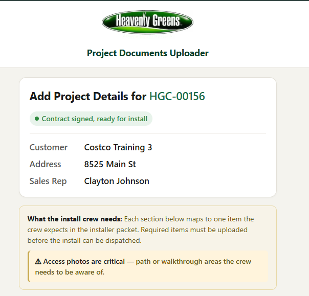 Confirm project number, customer name, address, and assigned sales rep