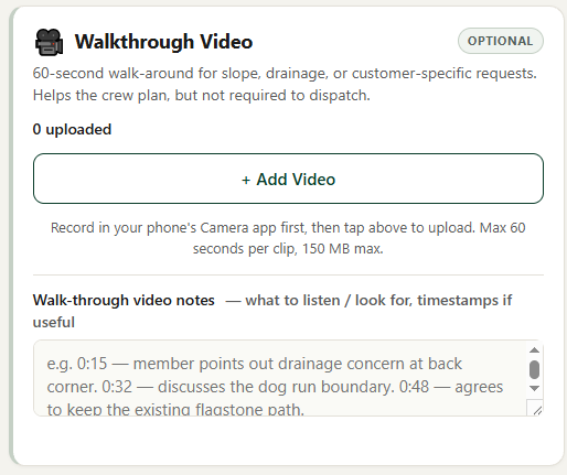 Optional Walkthrough Video upload section