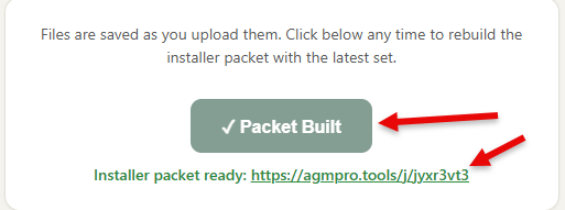 Confirmation message with clickable link to the completed installer packet
