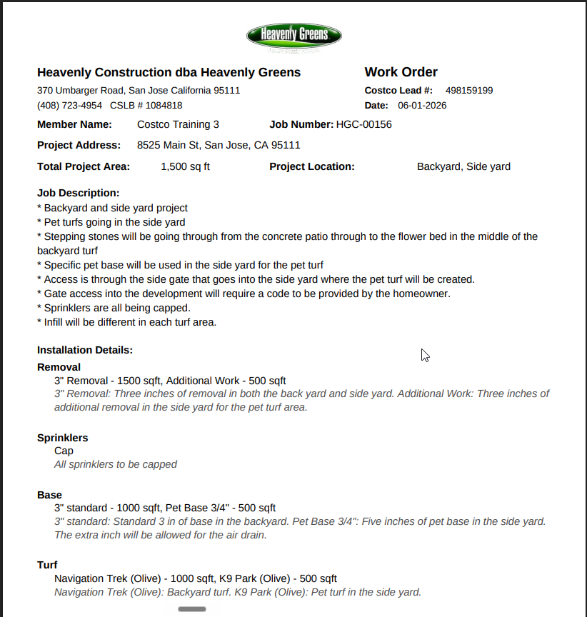 First page of the installer packet — work order and job detail