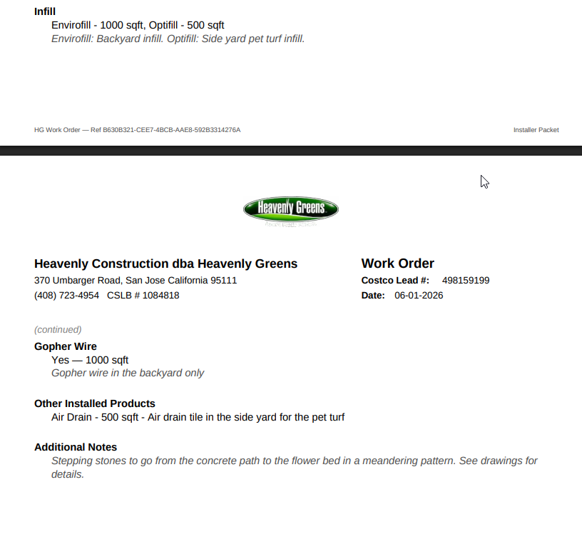 Installer packet body — uploaded media and notes