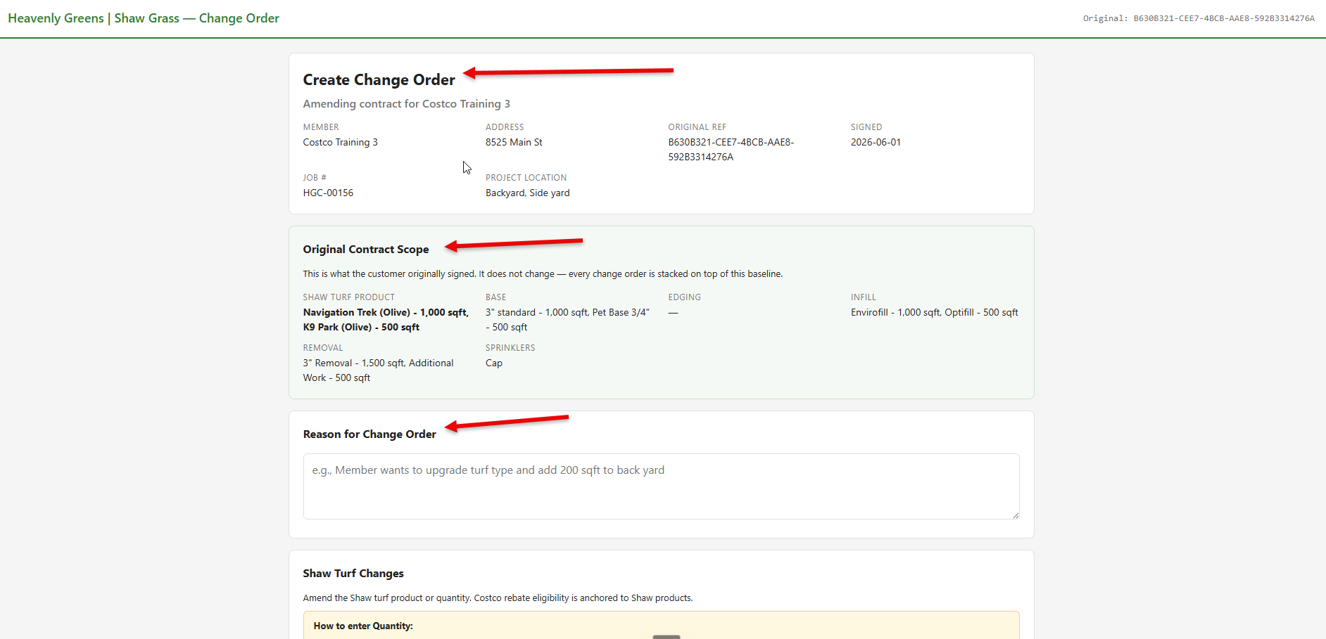 Change Order form showing customer data, original contract scope, and reason text box