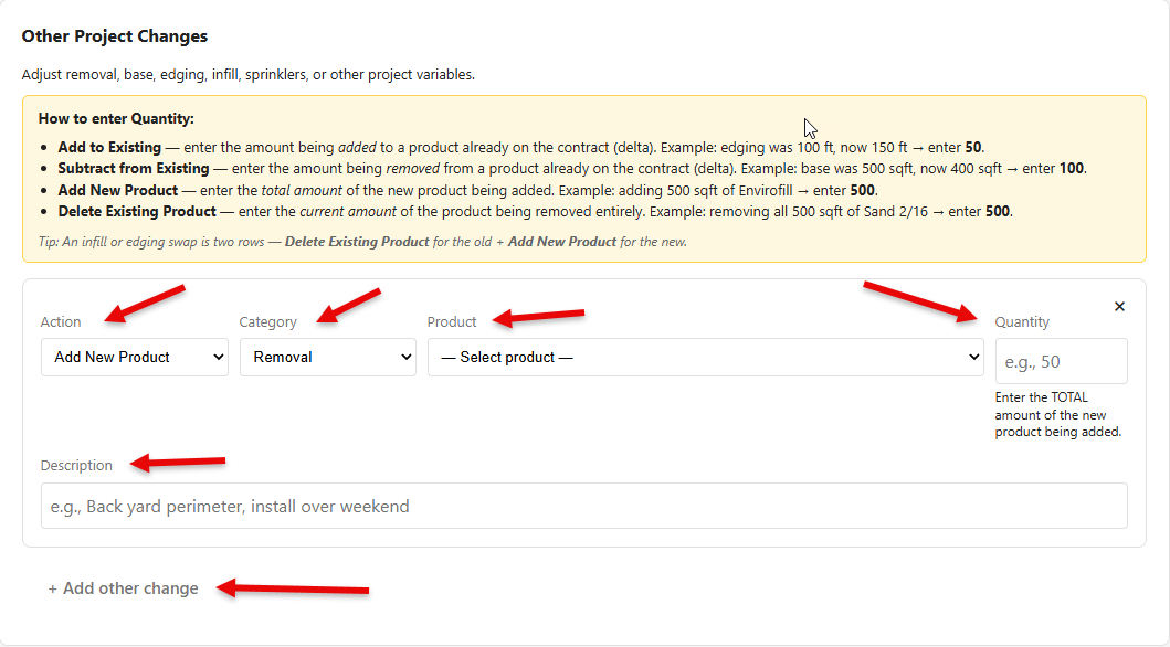 Other Project Changes section with How to enter Quantity instructions and a row to fill in