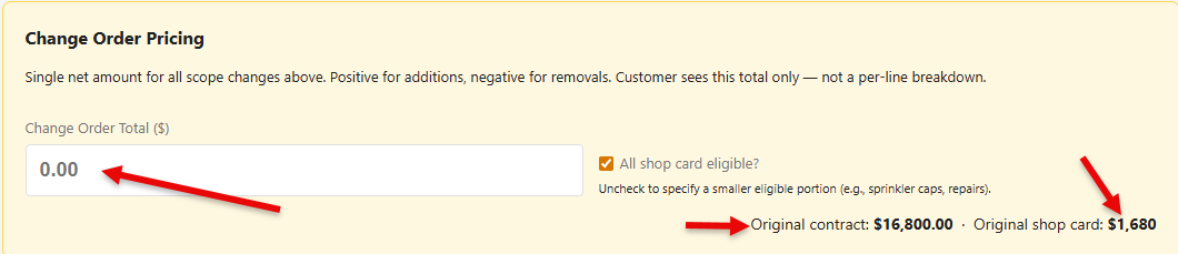 Change Order Pricing field for net total with original contract and shop card amounts shown