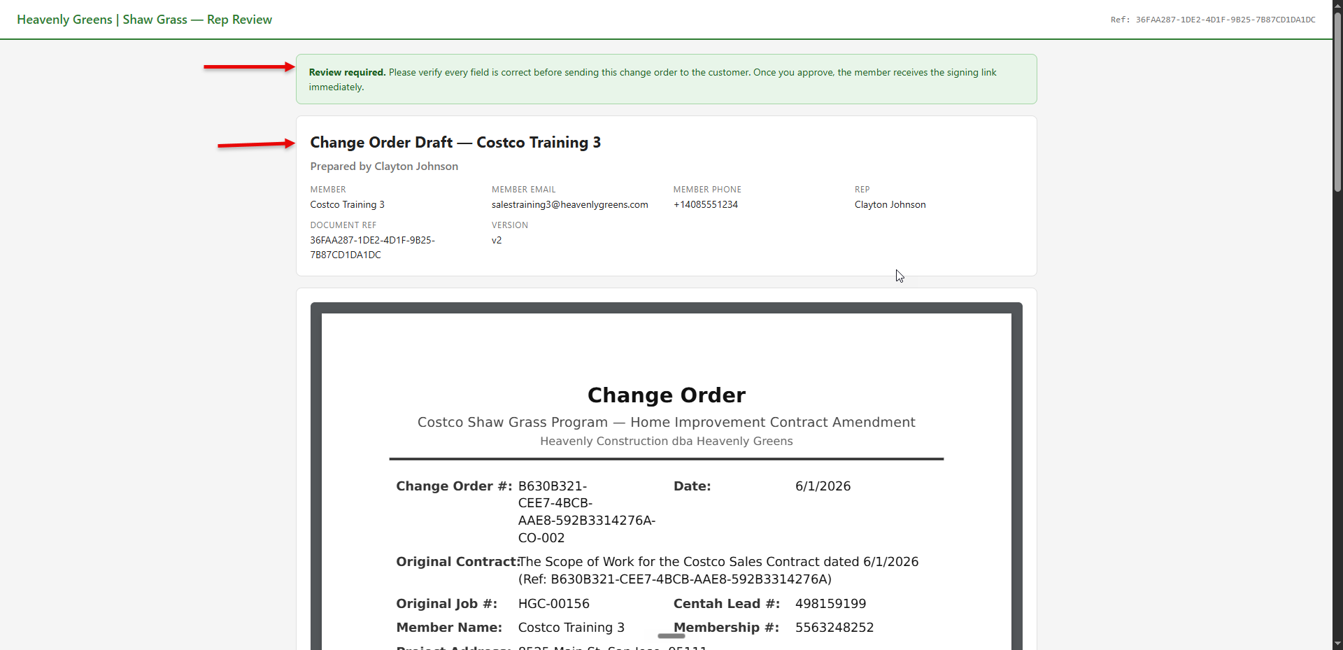 Customer information header on the change order draft