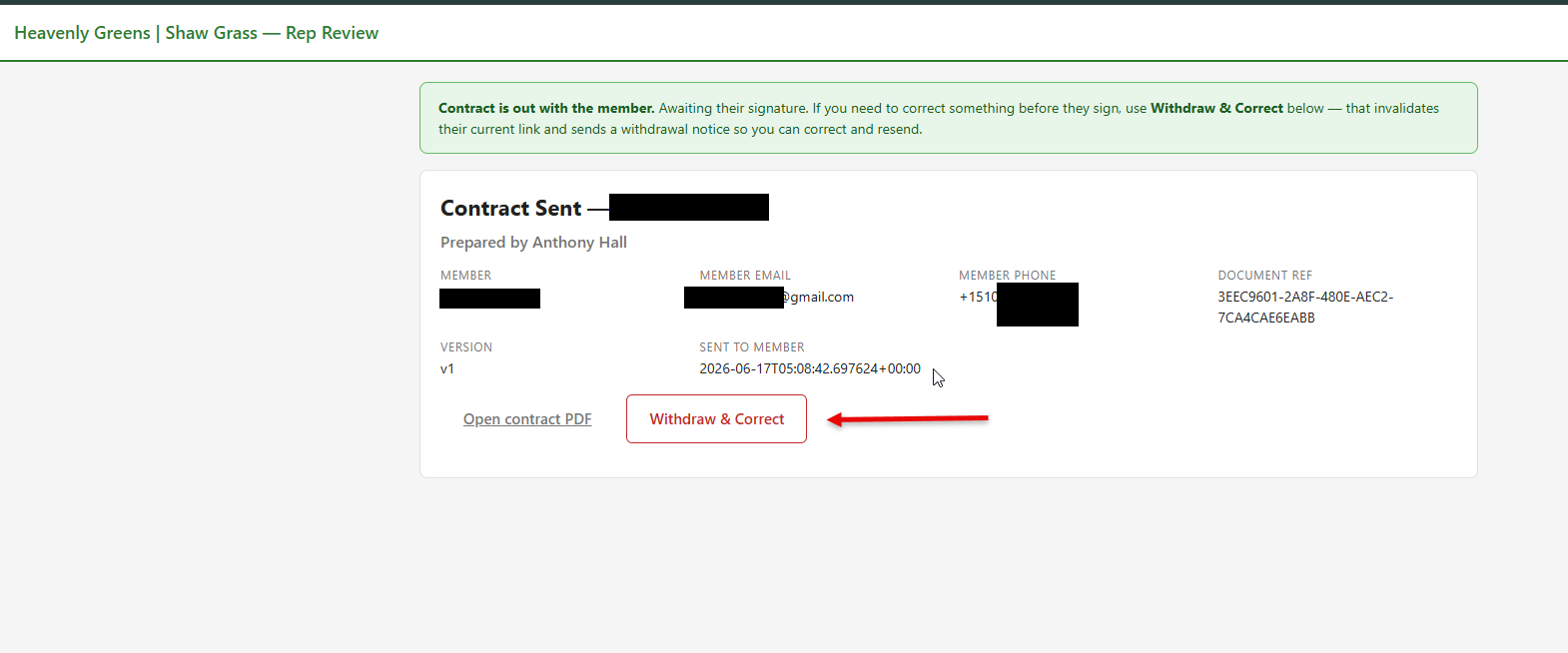 The Withdraw and Correct button on the Rep Review page