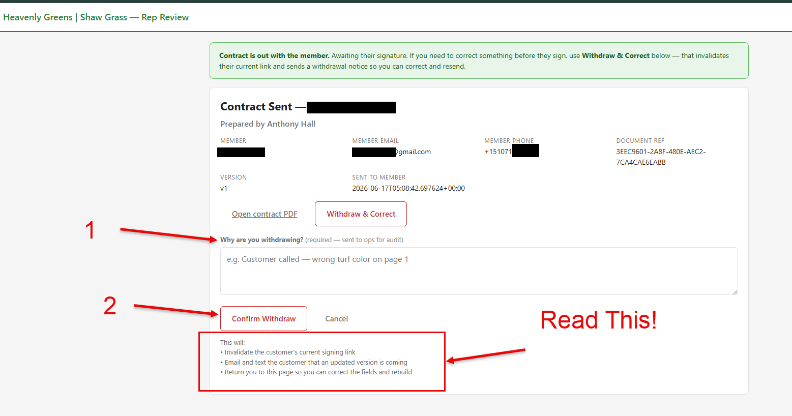 The withdrawal reason field, Confirm Withdraw button, and the explanation of what withdrawing does